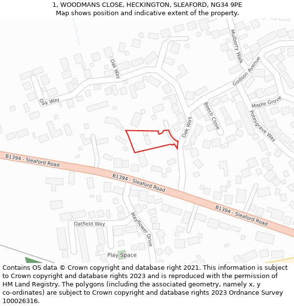 1, WOODMANS CLOSE, HECKINGTON, SLEAFORD, NG34 9PE: Location map and indicative extent of plot