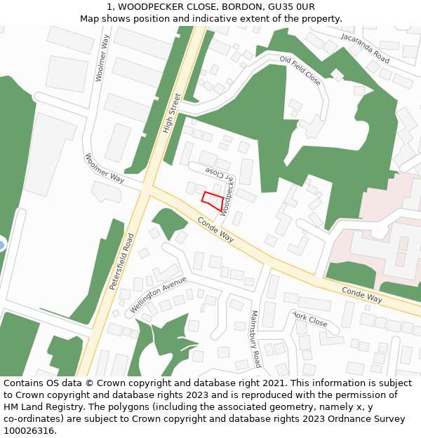 1, WOODPECKER CLOSE, BORDON, GU35 0UR: Location map and indicative extent of plot