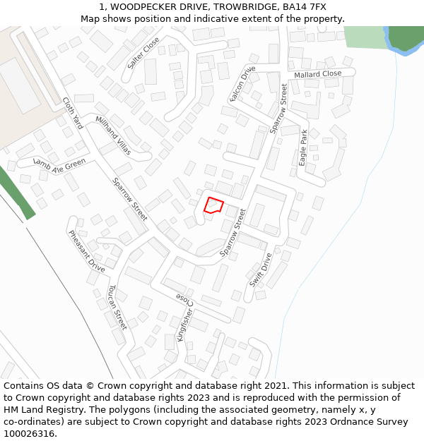 1, WOODPECKER DRIVE, TROWBRIDGE, BA14 7FX: Location map and indicative extent of plot
