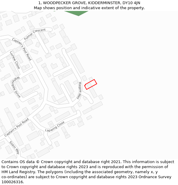 1, WOODPECKER GROVE, KIDDERMINSTER, DY10 4JN: Location map and indicative extent of plot