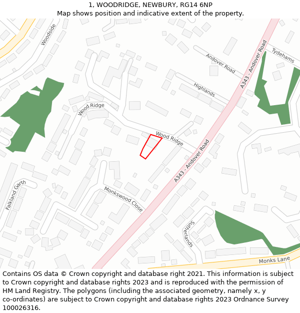 1, WOODRIDGE, NEWBURY, RG14 6NP: Location map and indicative extent of plot