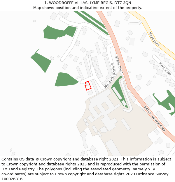 1, WOODROFFE VILLAS, LYME REGIS, DT7 3QN: Location map and indicative extent of plot