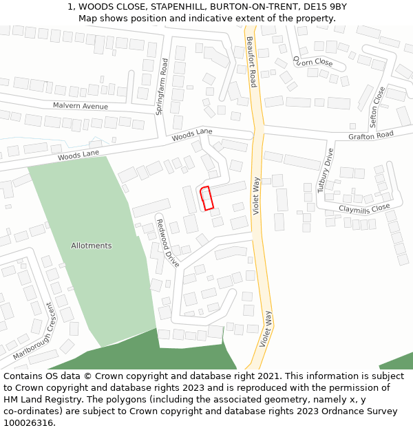 1, WOODS CLOSE, STAPENHILL, BURTON-ON-TRENT, DE15 9BY: Location map and indicative extent of plot