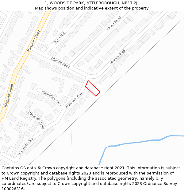 1, WOODSIDE PARK, ATTLEBOROUGH, NR17 2JL: Location map and indicative extent of plot