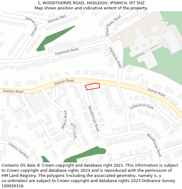 1, WOODTHORPE ROAD, HADLEIGH, IPSWICH, IP7 5HZ: Location map and indicative extent of plot