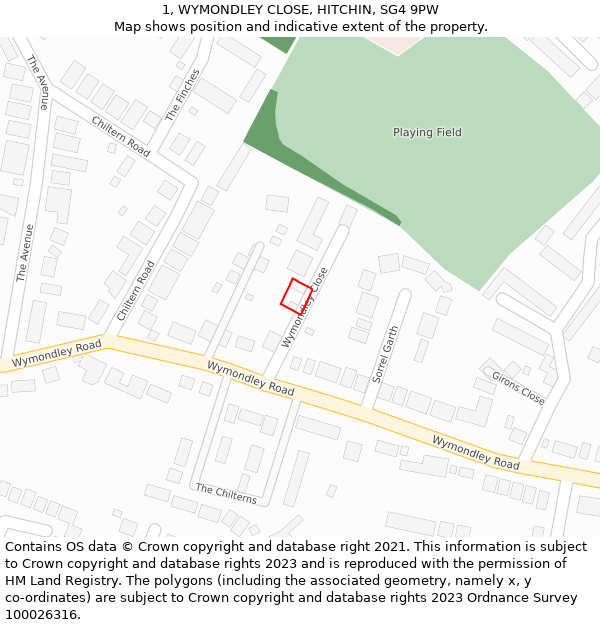 1, WYMONDLEY CLOSE, HITCHIN, SG4 9PW: Location map and indicative extent of plot