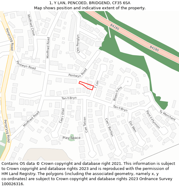 1, Y LAN, PENCOED, BRIDGEND, CF35 6SA: Location map and indicative extent of plot