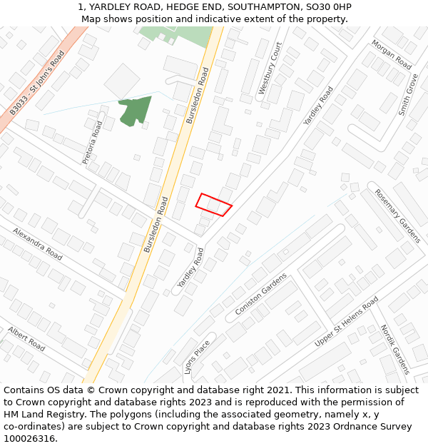 1, YARDLEY ROAD, HEDGE END, SOUTHAMPTON, SO30 0HP: Location map and indicative extent of plot