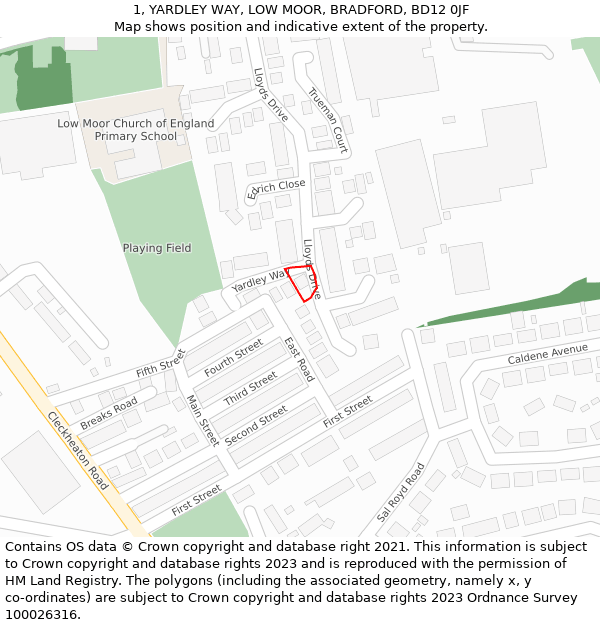 1, YARDLEY WAY, LOW MOOR, BRADFORD, BD12 0JF: Location map and indicative extent of plot