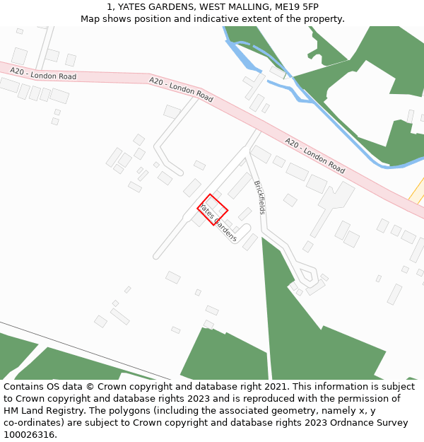 1, YATES GARDENS, WEST MALLING, ME19 5FP: Location map and indicative extent of plot