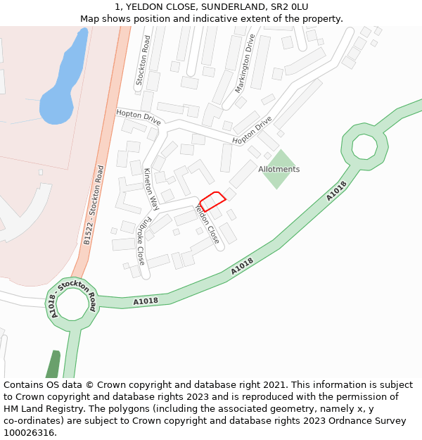 1, YELDON CLOSE, SUNDERLAND, SR2 0LU: Location map and indicative extent of plot