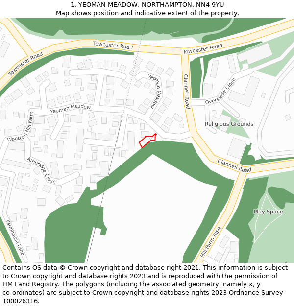 1, YEOMAN MEADOW, NORTHAMPTON, NN4 9YU: Location map and indicative extent of plot