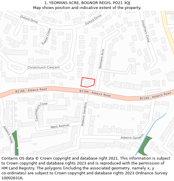 1, YEOMANS ACRE, BOGNOR REGIS, PO21 3QJ: Location map and indicative extent of plot