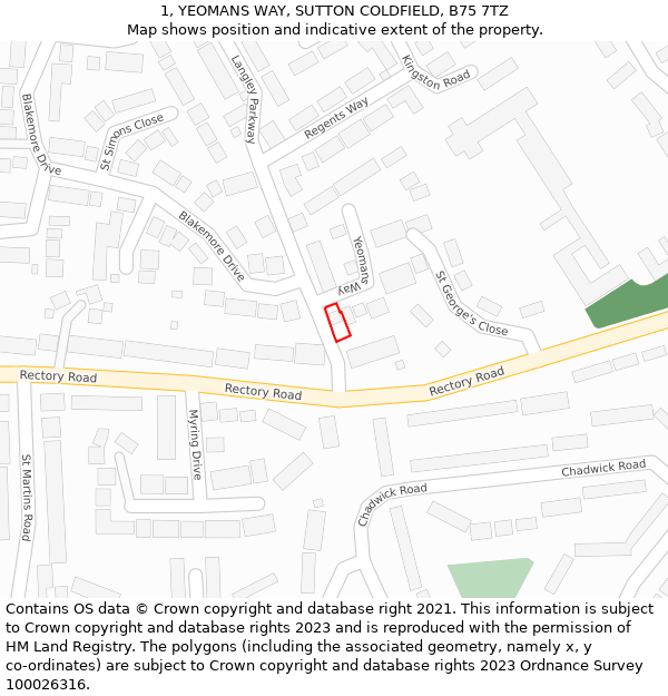 1, YEOMANS WAY, SUTTON COLDFIELD, B75 7TZ: Location map and indicative extent of plot