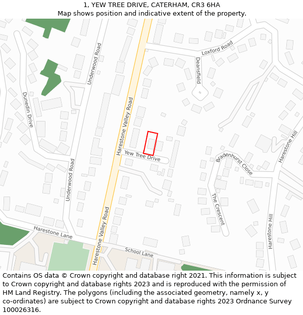 1, YEW TREE DRIVE, CATERHAM, CR3 6HA: Location map and indicative extent of plot