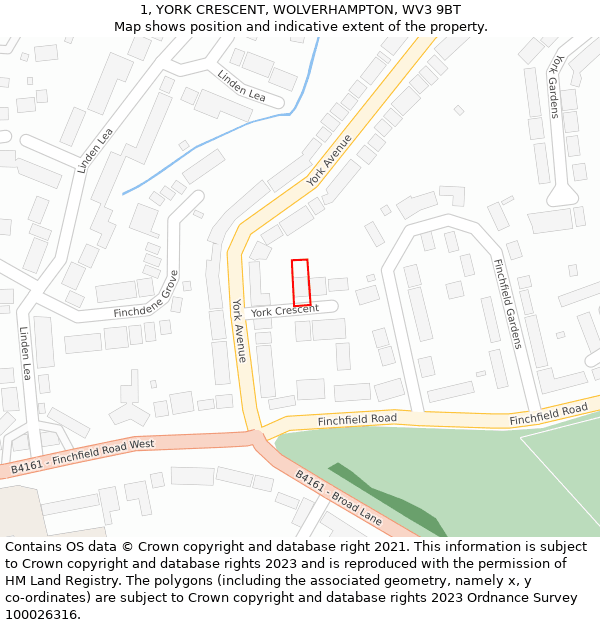 1, YORK CRESCENT, WOLVERHAMPTON, WV3 9BT: Location map and indicative extent of plot