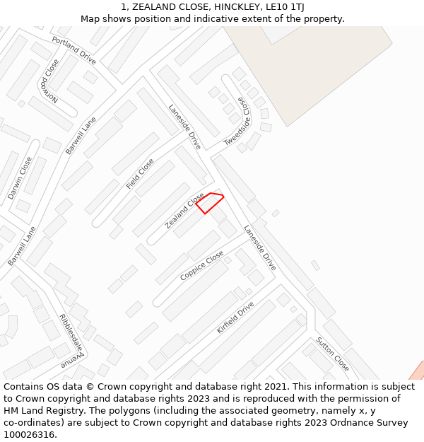 1, ZEALAND CLOSE, HINCKLEY, LE10 1TJ: Location map and indicative extent of plot