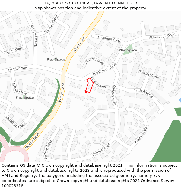 10, ABBOTSBURY DRIVE, DAVENTRY, NN11 2LB: Location map and indicative extent of plot