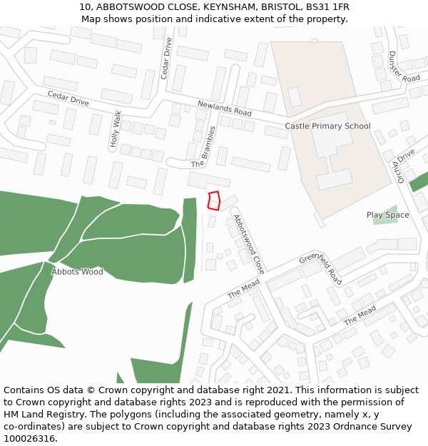 10, ABBOTSWOOD CLOSE, KEYNSHAM, BRISTOL, BS31 1FR: Location map and indicative extent of plot