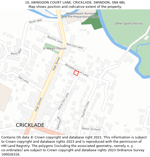 10, ABINGDON COURT LANE, CRICKLADE, SWINDON, SN6 6BL: Location map and indicative extent of plot