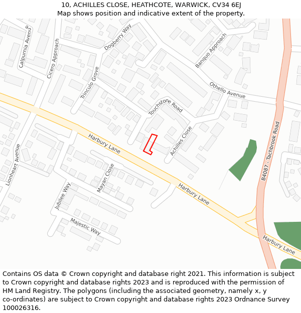 10, ACHILLES CLOSE, HEATHCOTE, WARWICK, CV34 6EJ: Location map and indicative extent of plot