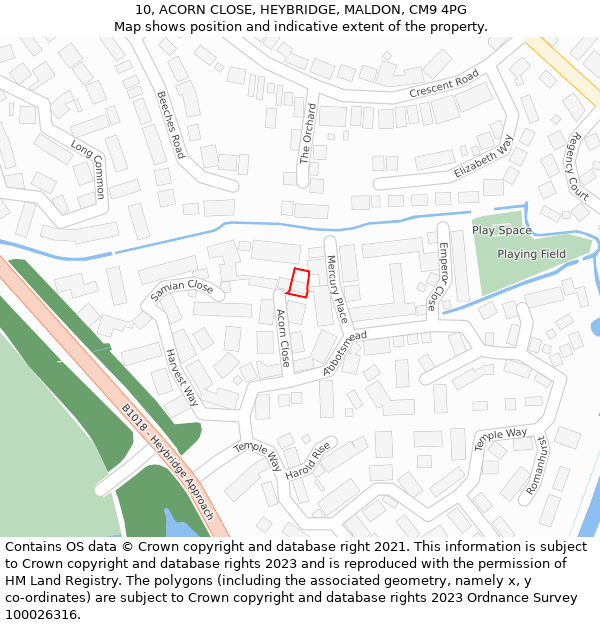 10, ACORN CLOSE, HEYBRIDGE, MALDON, CM9 4PG: Location map and indicative extent of plot