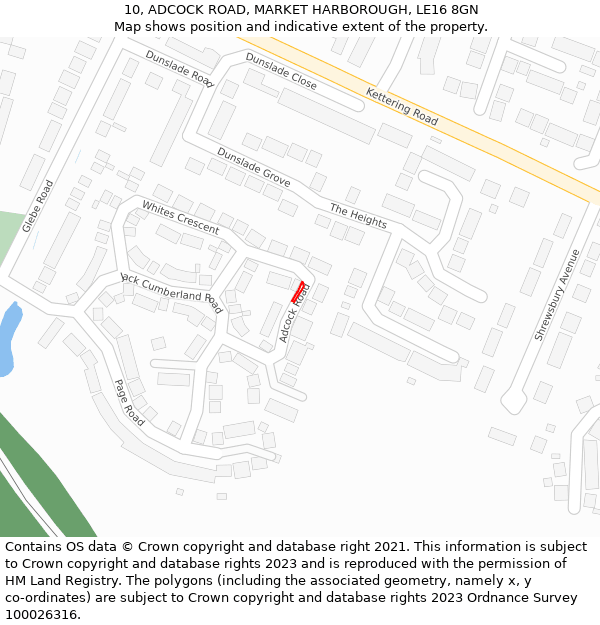 10, ADCOCK ROAD, MARKET HARBOROUGH, LE16 8GN: Location map and indicative extent of plot