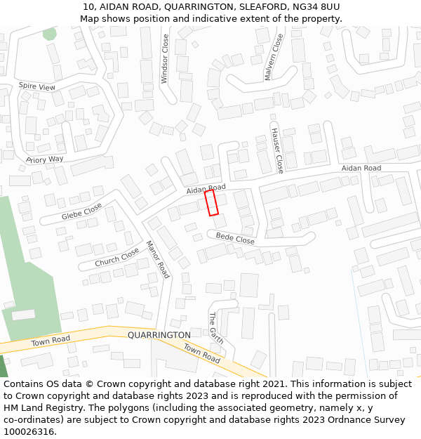 10, AIDAN ROAD, QUARRINGTON, SLEAFORD, NG34 8UU: Location map and indicative extent of plot