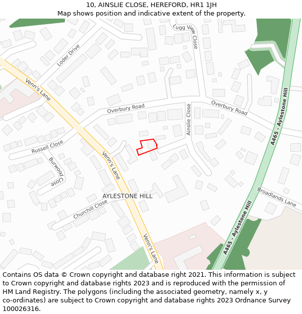 10, AINSLIE CLOSE, HEREFORD, HR1 1JH: Location map and indicative extent of plot