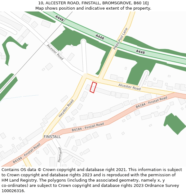 10, ALCESTER ROAD, FINSTALL, BROMSGROVE, B60 1EJ: Location map and indicative extent of plot