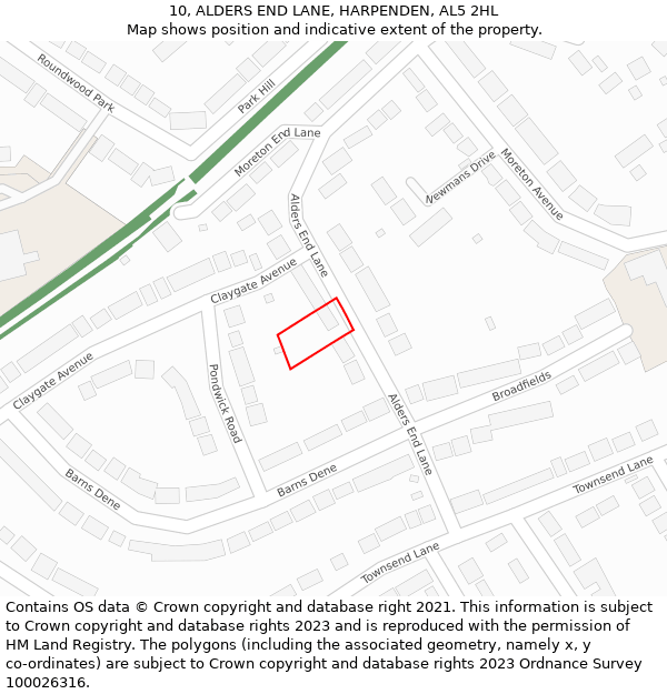 10, ALDERS END LANE, HARPENDEN, AL5 2HL: Location map and indicative extent of plot