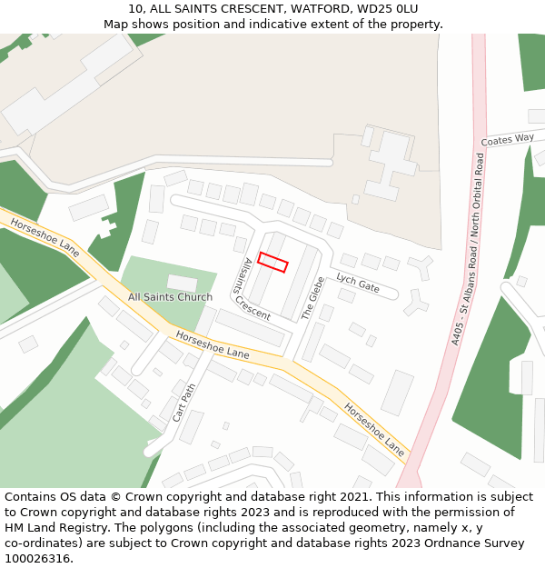 10, ALL SAINTS CRESCENT, WATFORD, WD25 0LU: Location map and indicative extent of plot