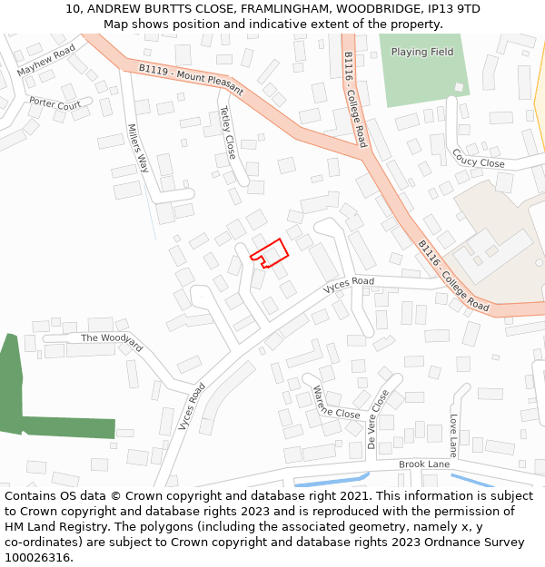 10, ANDREW BURTTS CLOSE, FRAMLINGHAM, WOODBRIDGE, IP13 9TD: Location map and indicative extent of plot
