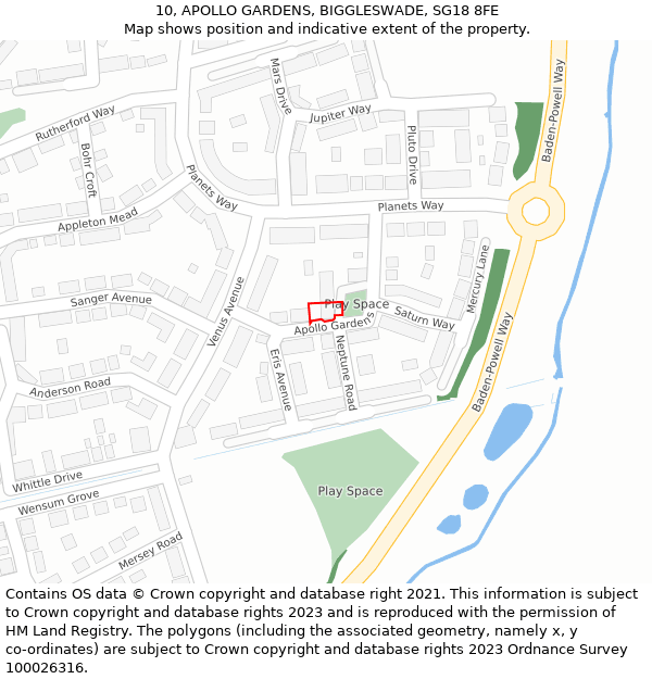 10, APOLLO GARDENS, BIGGLESWADE, SG18 8FE: Location map and indicative extent of plot