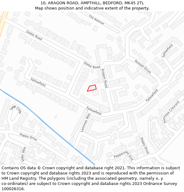 10, ARAGON ROAD, AMPTHILL, BEDFORD, MK45 2TL: Location map and indicative extent of plot