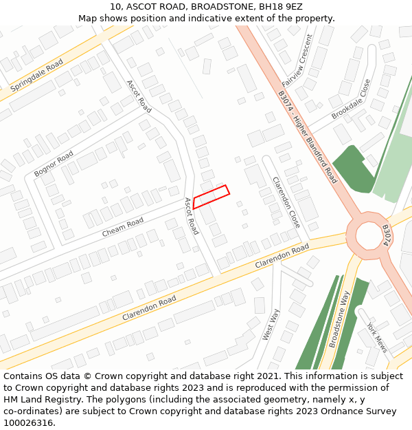 10, ASCOT ROAD, BROADSTONE, BH18 9EZ: Location map and indicative extent of plot