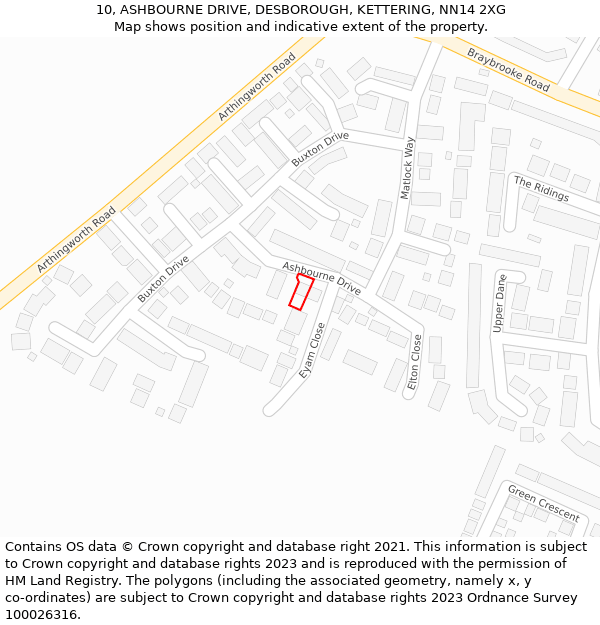 10, ASHBOURNE DRIVE, DESBOROUGH, KETTERING, NN14 2XG: Location map and indicative extent of plot