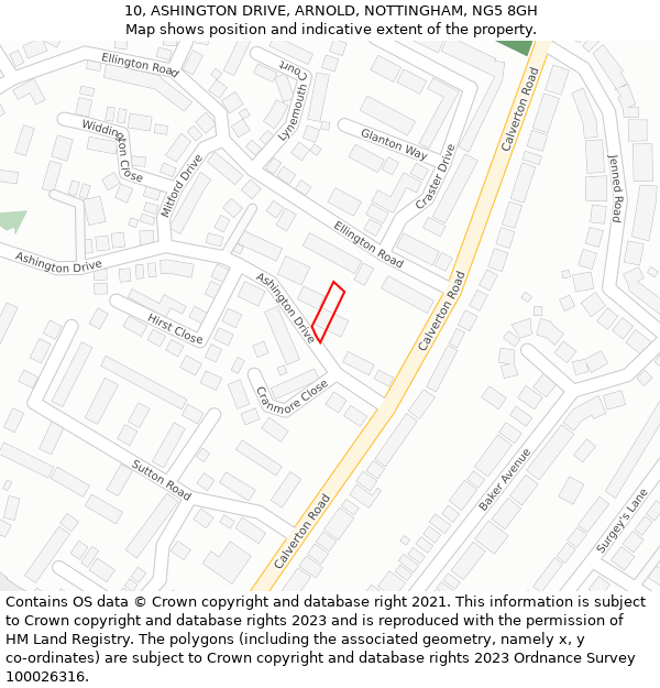 10, ASHINGTON DRIVE, ARNOLD, NOTTINGHAM, NG5 8GH: Location map and indicative extent of plot