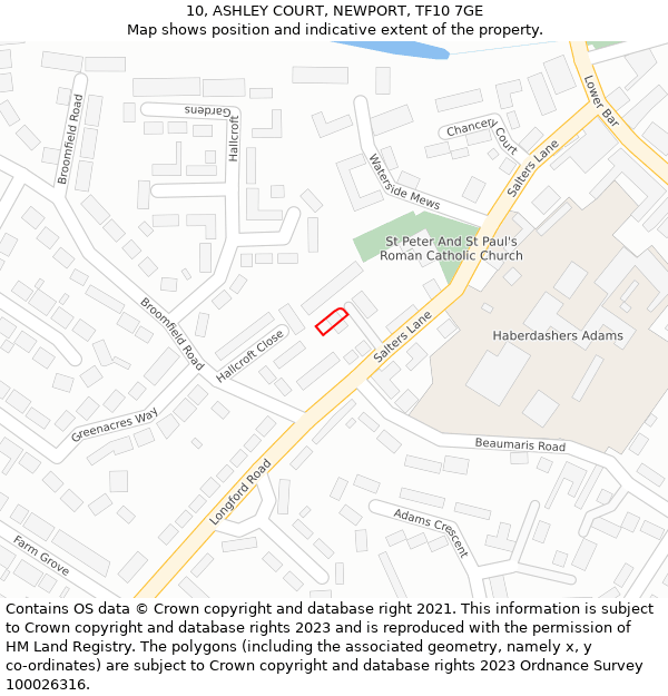 10, ASHLEY COURT, NEWPORT, TF10 7GE: Location map and indicative extent of plot