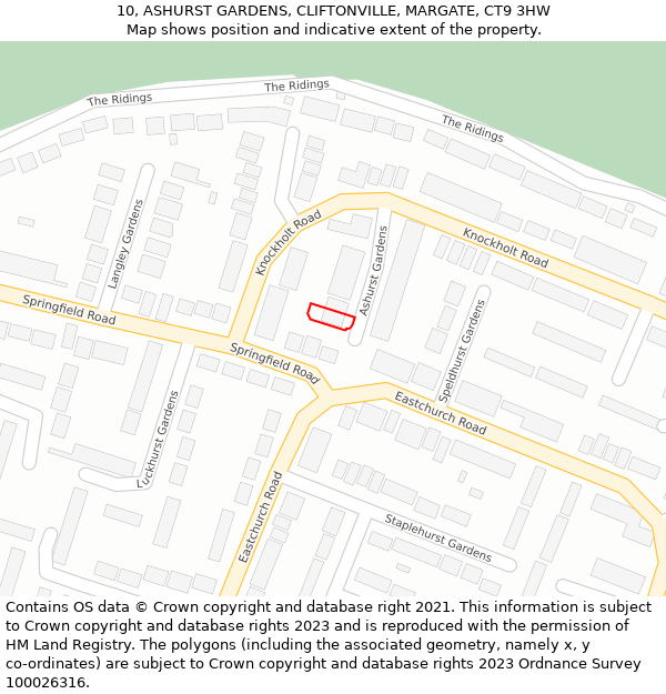 10, ASHURST GARDENS, CLIFTONVILLE, MARGATE, CT9 3HW: Location map and indicative extent of plot