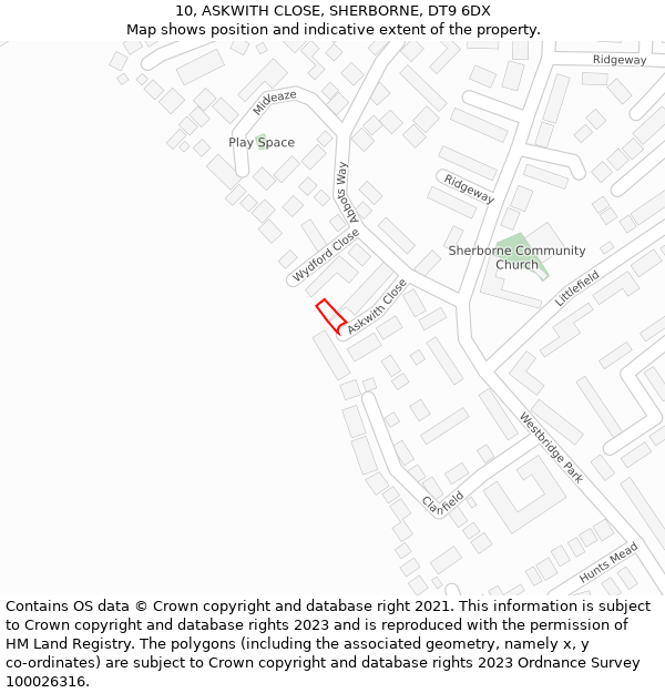 10, ASKWITH CLOSE, SHERBORNE, DT9 6DX: Location map and indicative extent of plot