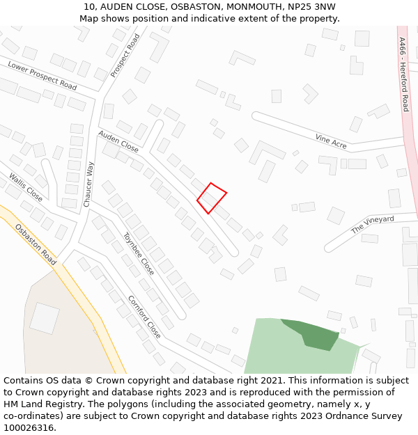 10, AUDEN CLOSE, OSBASTON, MONMOUTH, NP25 3NW: Location map and indicative extent of plot