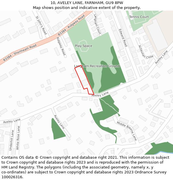 10, AVELEY LANE, FARNHAM, GU9 8PW: Location map and indicative extent of plot