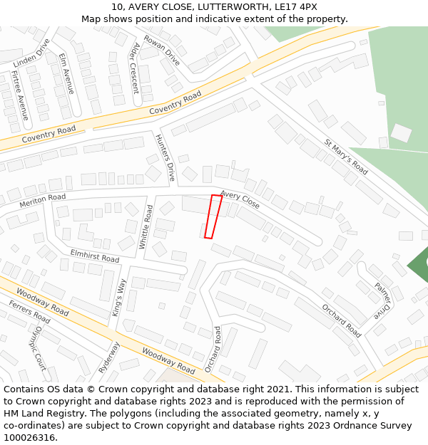 10, AVERY CLOSE, LUTTERWORTH, LE17 4PX: Location map and indicative extent of plot