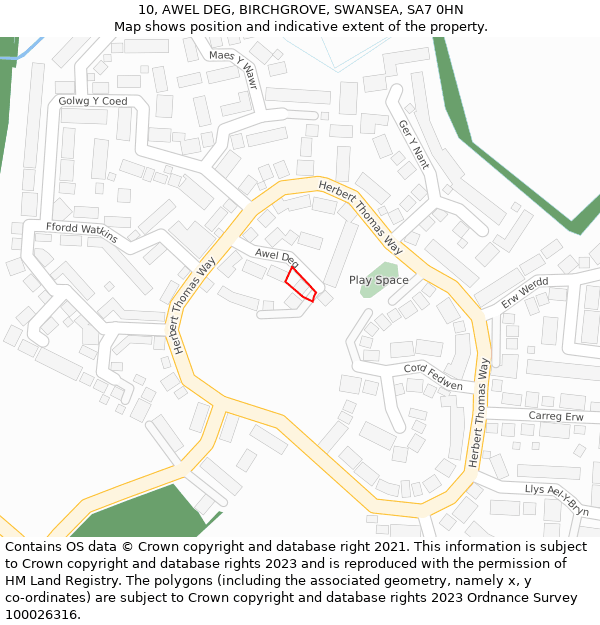 10, AWEL DEG, BIRCHGROVE, SWANSEA, SA7 0HN: Location map and indicative extent of plot