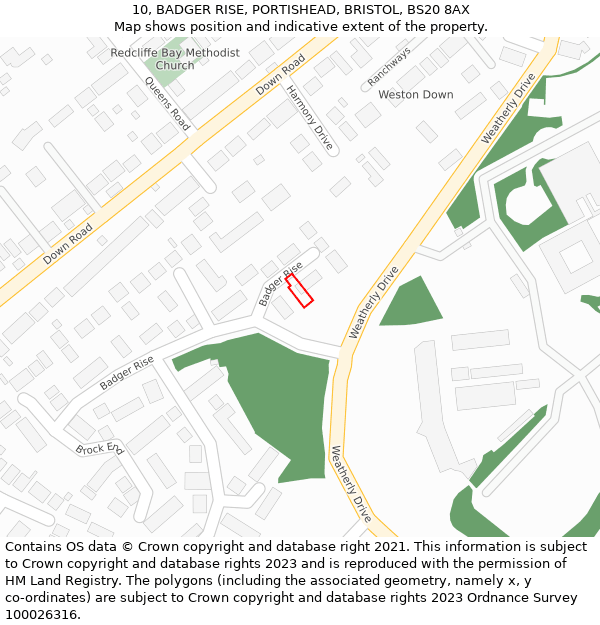 10, BADGER RISE, PORTISHEAD, BRISTOL, BS20 8AX: Location map and indicative extent of plot