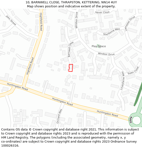 10, BARNWELL CLOSE, THRAPSTON, KETTERING, NN14 4UY: Location map and indicative extent of plot