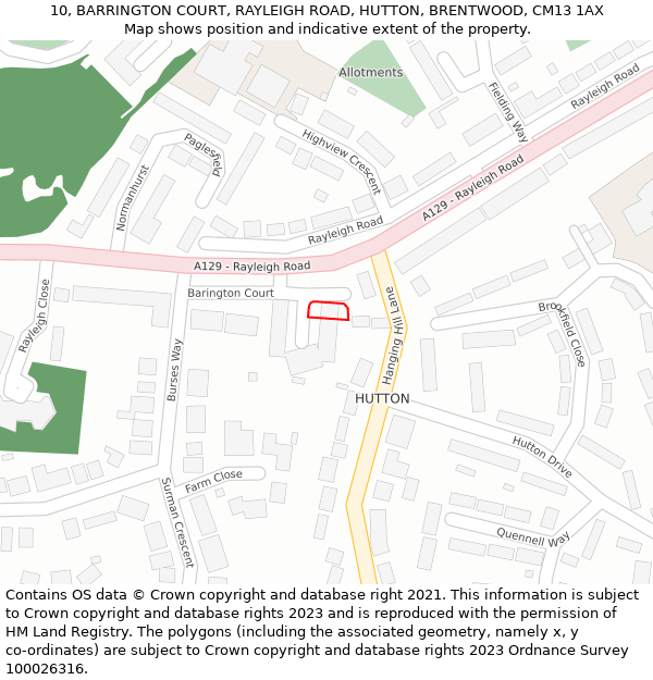 10, BARRINGTON COURT, RAYLEIGH ROAD, HUTTON, BRENTWOOD, CM13 1AX: Location map and indicative extent of plot