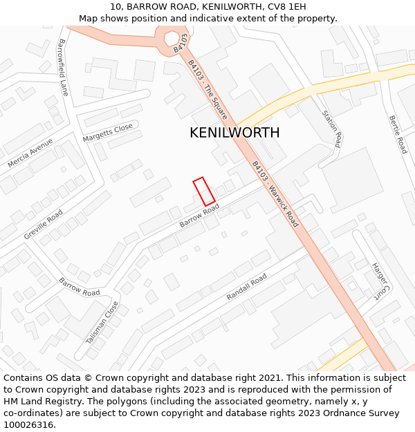 10, BARROW ROAD, KENILWORTH, CV8 1EH: Location map and indicative extent of plot