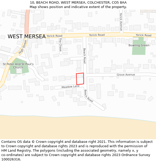 10, BEACH ROAD, WEST MERSEA, COLCHESTER, CO5 8AA: Location map and indicative extent of plot